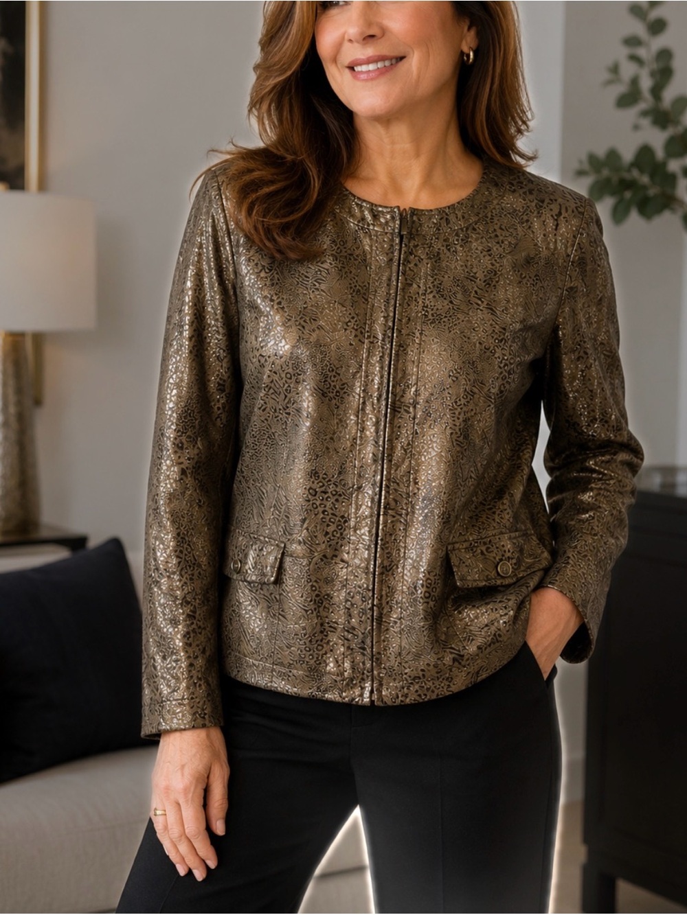 Elementz Metallic Olive Animal-Print Leather Jacket